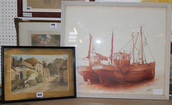 Godfrey original of Hastings fishing boats on shore and orig Watercolour by G C Room 1904